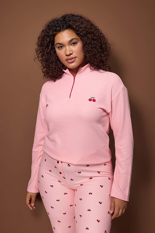 Pembe Baskılı Fermuarlı Yumuşak Tuşeli Waffle Örme Pijama Takımı TBBAW26AI00048 - 2