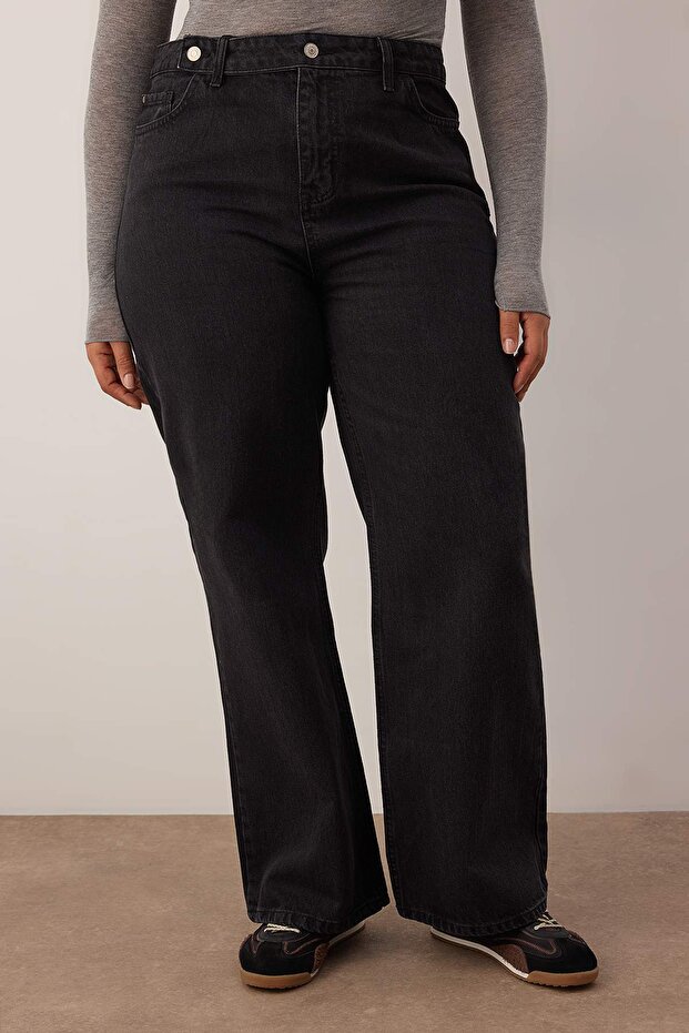 Antrasit Yüksek Bel Geniş Kesim Büyük Beden Jeans TBBAW24CJ00008 - 3