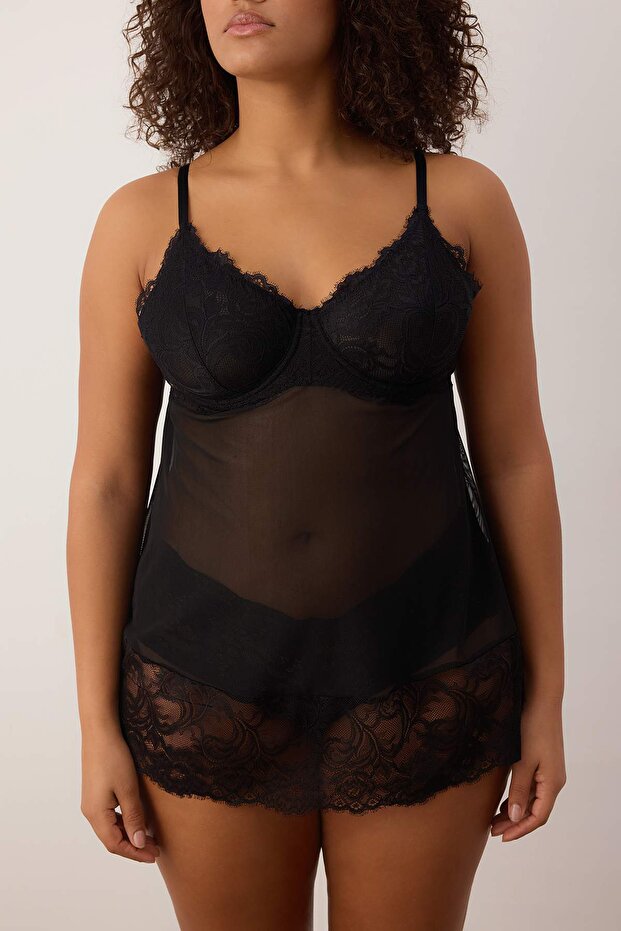 Siyah Kapsız Balenli Dantelli Büyük Beden Fantezi Babydoll TBBAW26DH00000 - 4