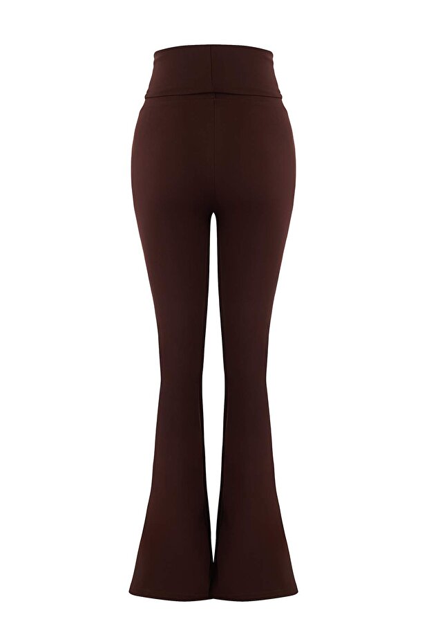 Kahverengi Fırçalı Soft Kumaş Bel Katlamalı Flare/İspanyol Paça Yoga Örme Spor Tayt THMAW26TY00001 - 6