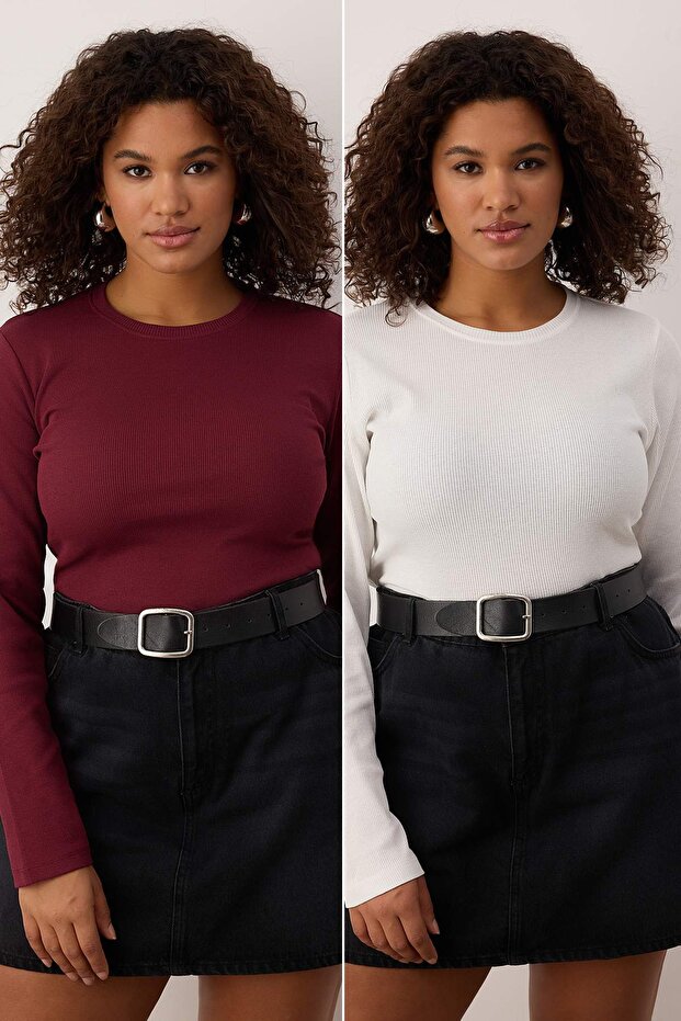 Ekru-Bordo 2'li Paket Crop Kaşkorse Örme Büyük Beden Bluz TBBAW26AF00055 - 1