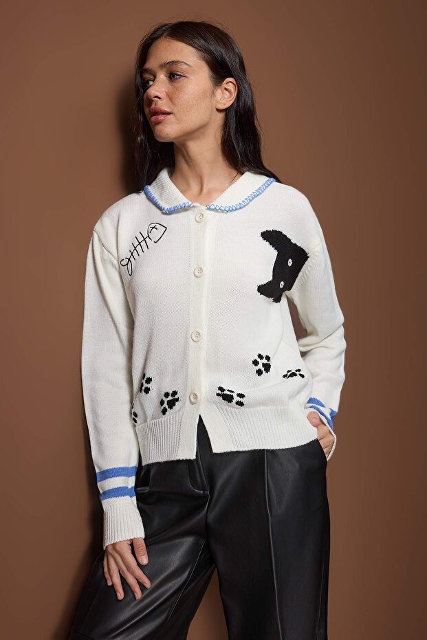 Ekru Kedi Desenli Polo Yaka Triko Hırka TWOAW26HI00302 - 2