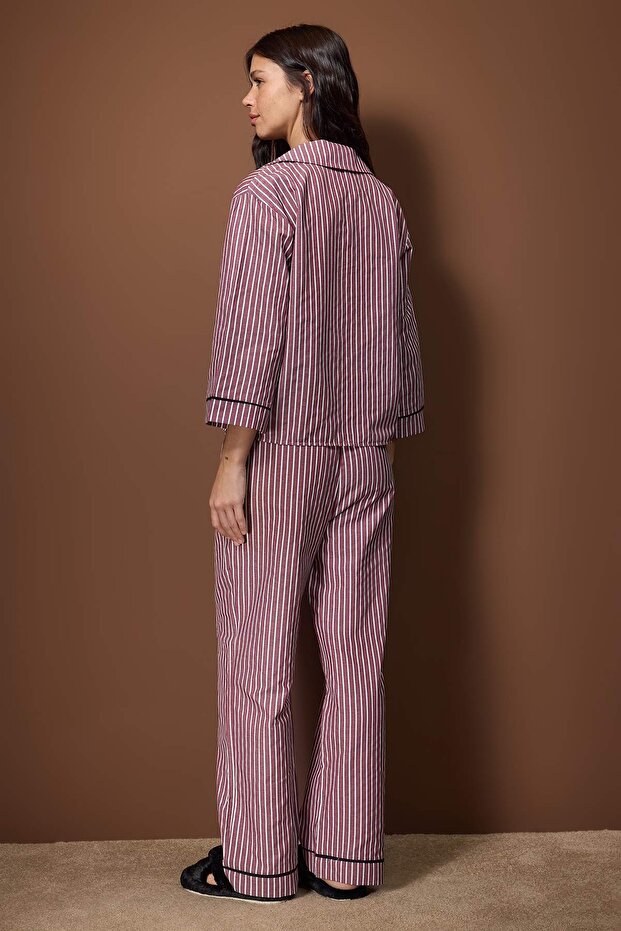 Bordo Çizgili Poplin Dokuma Pijama Takımı THMAW26PT00101 - 4