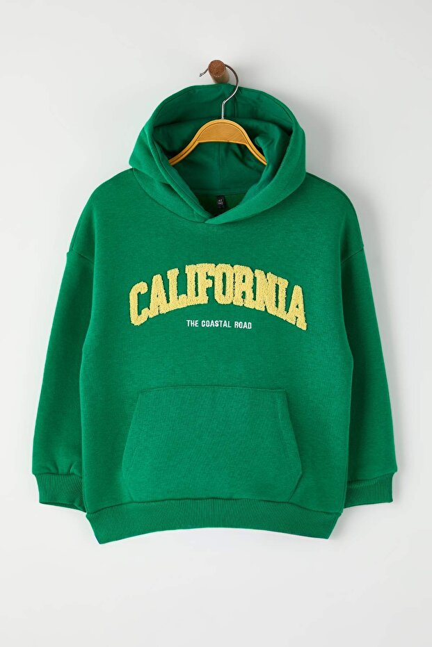 Yeşil Pamuklu Slogan Baskılı Kapüşonlu Oversize Örme Unisex Çocuk Sweatshirt TKDAW26SW00025 - 7