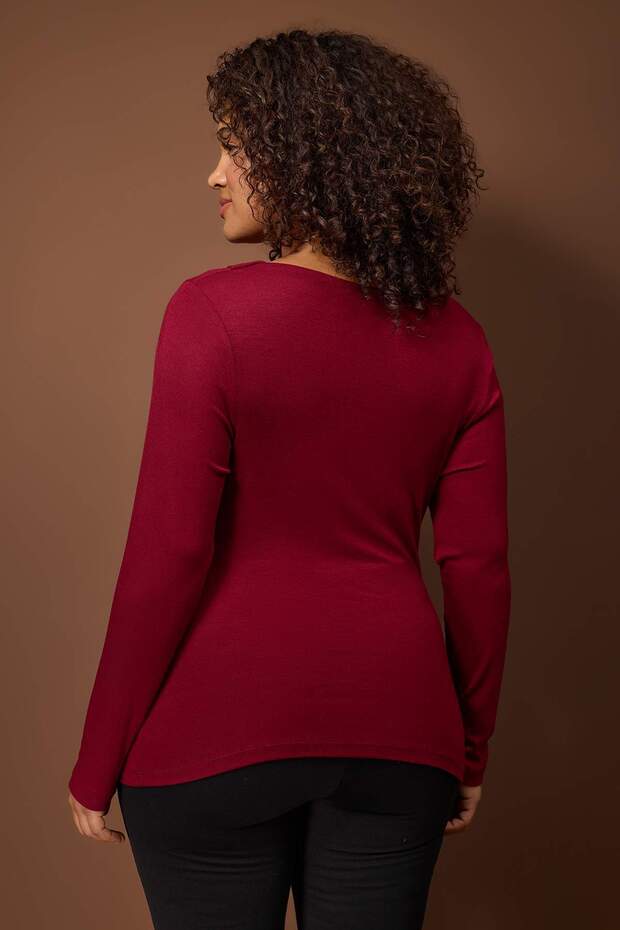Bordo Fitted/Vücuda Oturan Asimetrik yaka Detaylı Yumuşak Kumaşlı Esnek Örme Bluz TBBAW26AF00088 - 4