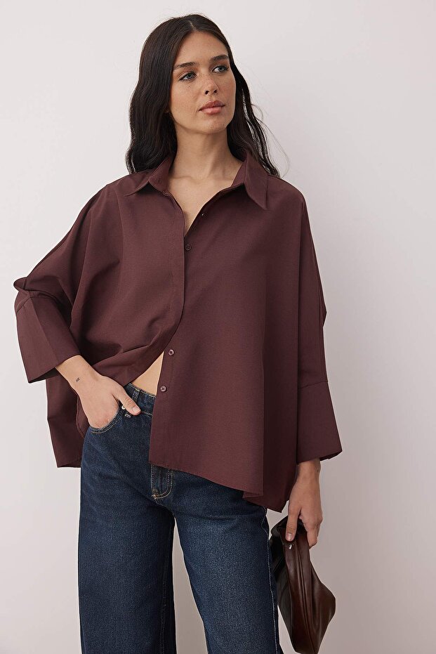 Mürdüm Geniş Manşetli Oversize Dokuma Gömlek TWOAW26GO00130 - 2