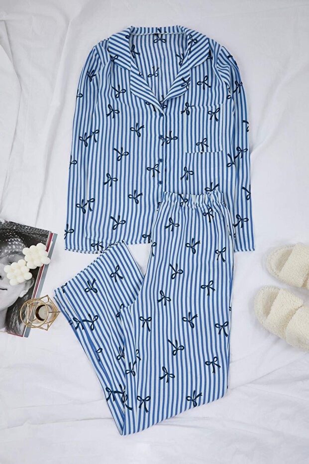 Mavi-Çok Renkli Kalp Viskon Dokuma Pijama Takımı THMAW21PT0936 - 5