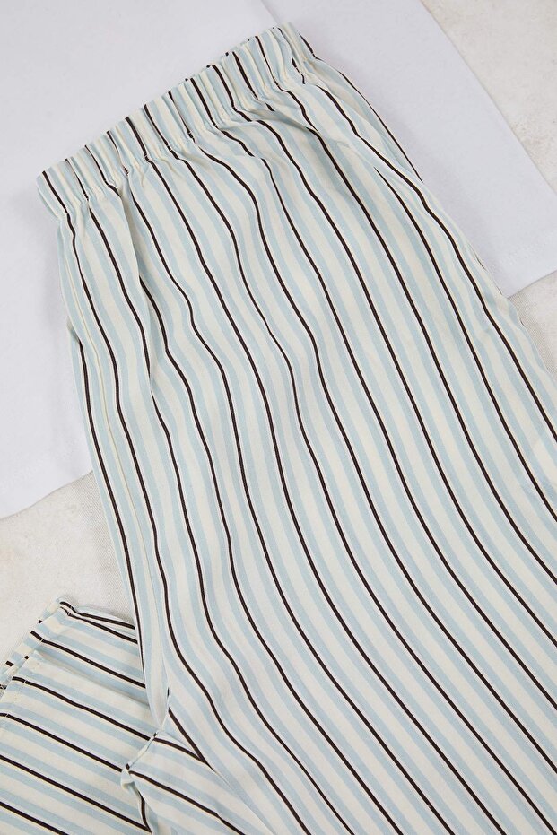 Mavi Çizgili Düğmeli Üst Örme Alt Viskon Dokuma Pijama Takımı THMAW26PT00016 - 6