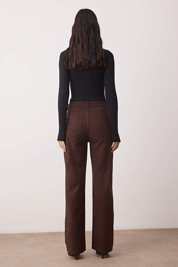 Kahverengi Taşlı Yüksek Bel Wide Leg Jeans TWOAW23JE00442 - 4