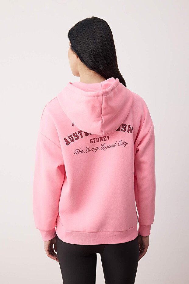 Açık Pembe alın İçi Polarlı Kapüşonlu Ön ve Sırt Baskılı Oversize Örme Sweatshirt TWOAW26SW00184 - 4