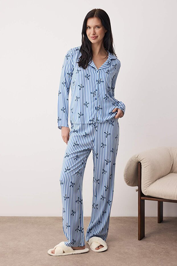 Mavi-Çok Renkli Kalp Viskon Dokuma Pijama Takımı THMAW21PT0936 - 2