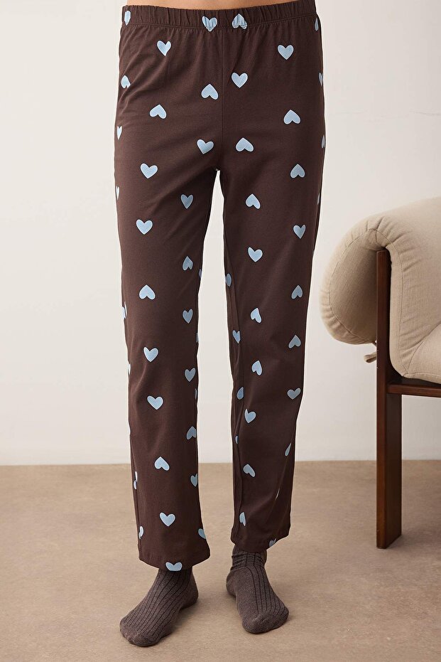 Kahverengi-Mavi %100 Pamuklu Kalp Desenli Örme Pijama Takımı THMAW21PT0548 - 3