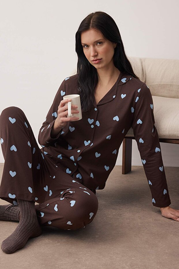 Kahverengi-Mavi %100 Pamuklu Kalp Desenli Örme Pijama Takımı THMAW21PT0548 - 2