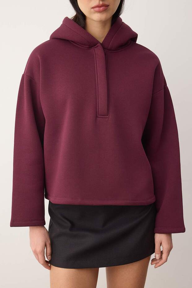Mürdüm Kalın İçi Polarlı Yarım Pat Fermuarlı Oversize Kapüşonlu Örme Sweatshirt TWOAW26SW00060 - 3