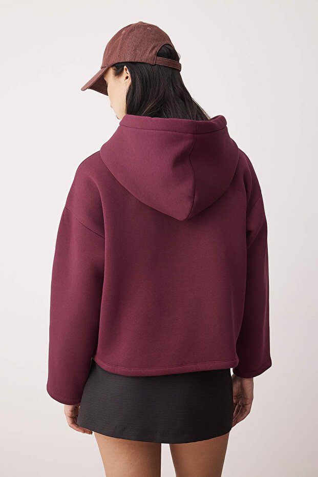 Mürdüm Kalın İçi Polarlı Yarım Pat Fermuarlı Oversize Kapüşonlu Örme Sweatshirt TWOAW26SW00060 - 4