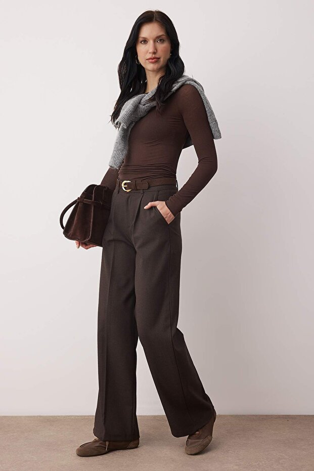 Kahvereng Kalın Tuşeli/Kışlık Wideleg Geniş Paça Dokuma Pantolon TWOAW26PL00160 - 2