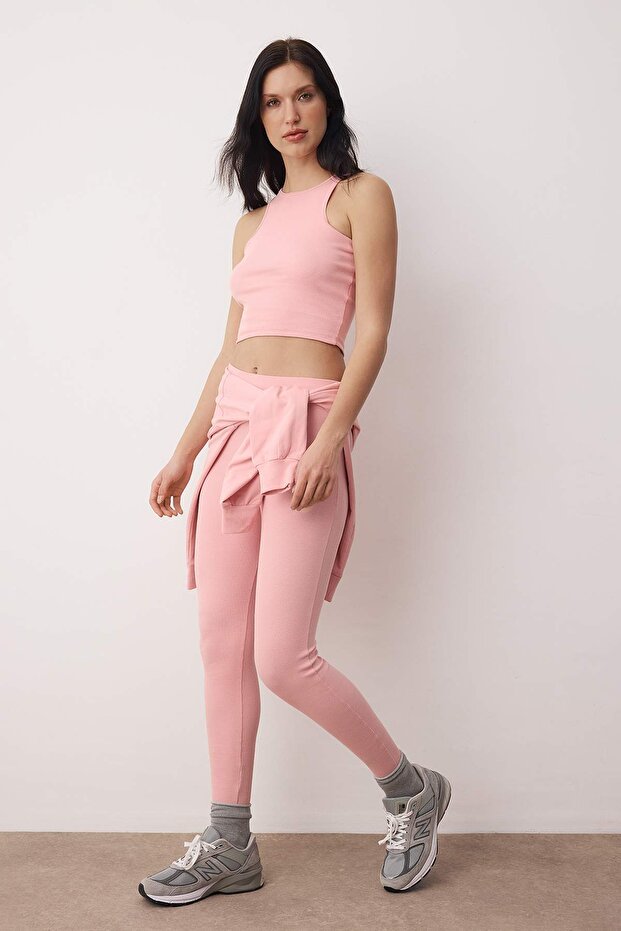 Gül Kurusu 3'lü Oversize/Geniş Kalıp Kapüşonlu Taytlı Örme Alt - Üst Takım TWOAW26AU00151 - 4
