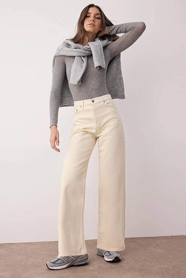 Ekru Yüksek Bel Bilek Boy Culotte %100 Pamuklu Jeans TWOAW26JE00190 - 1