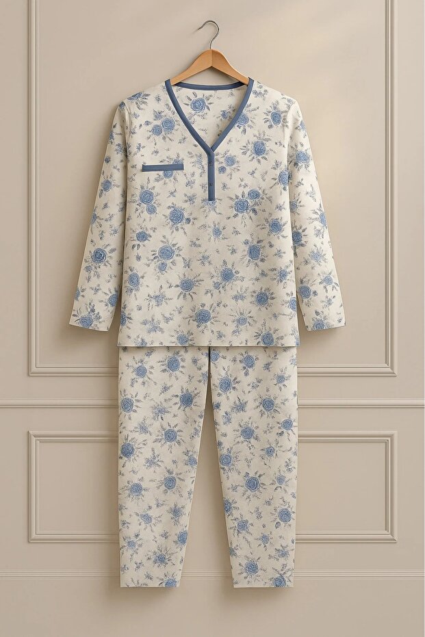 Women Mother Long Sleeve Blue Floral Pattern Cotton Combed Pajamas Set