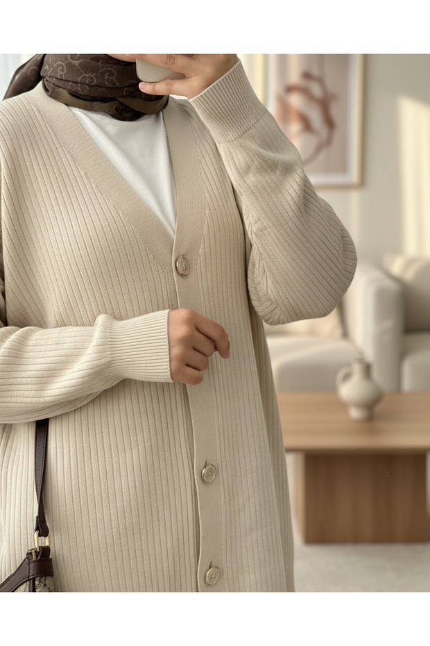 Düğmeli Fitilli Triko Hırka  -Krem - 1