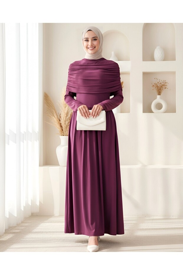Long Sandy Dress with Pile Detail -Plum