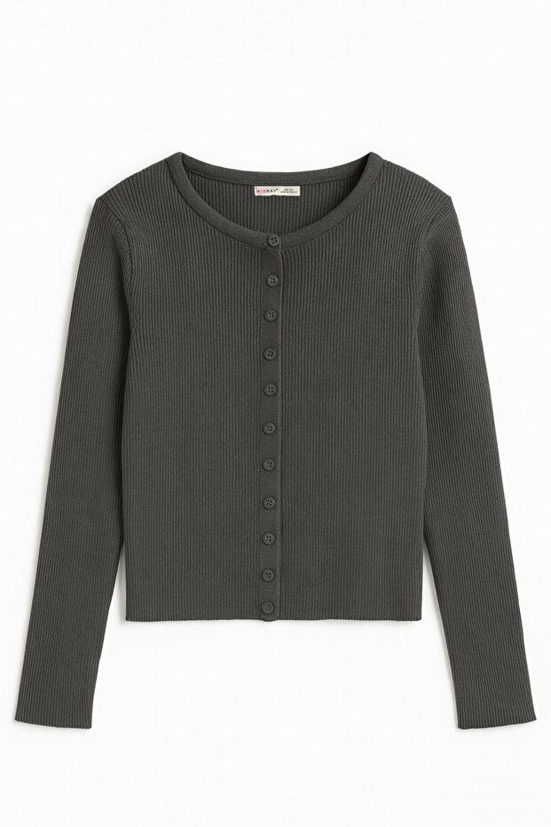 6931 Women's Buttoned Ribbed Knitwear Cardigan Anthracite