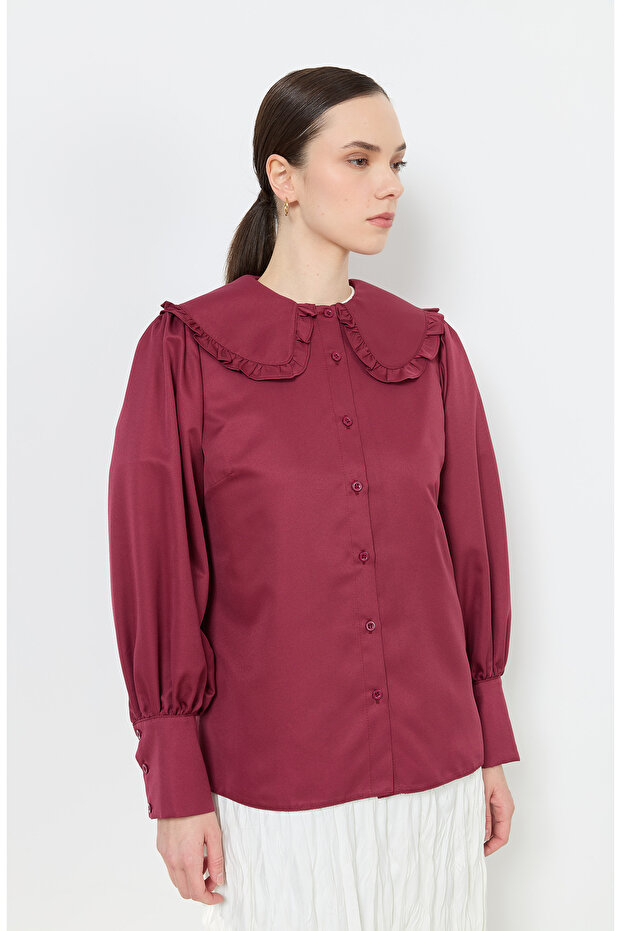 Fırfır Yaka Bordo Basic Gömlek - 2