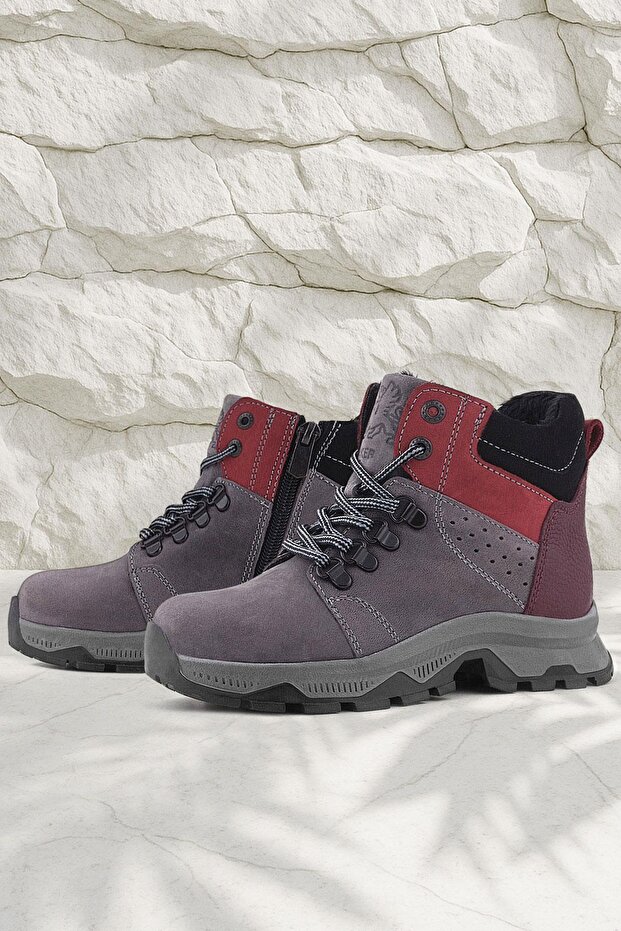 Genuine Leather Gray Claret Red Zippered Trekking Children's Boots