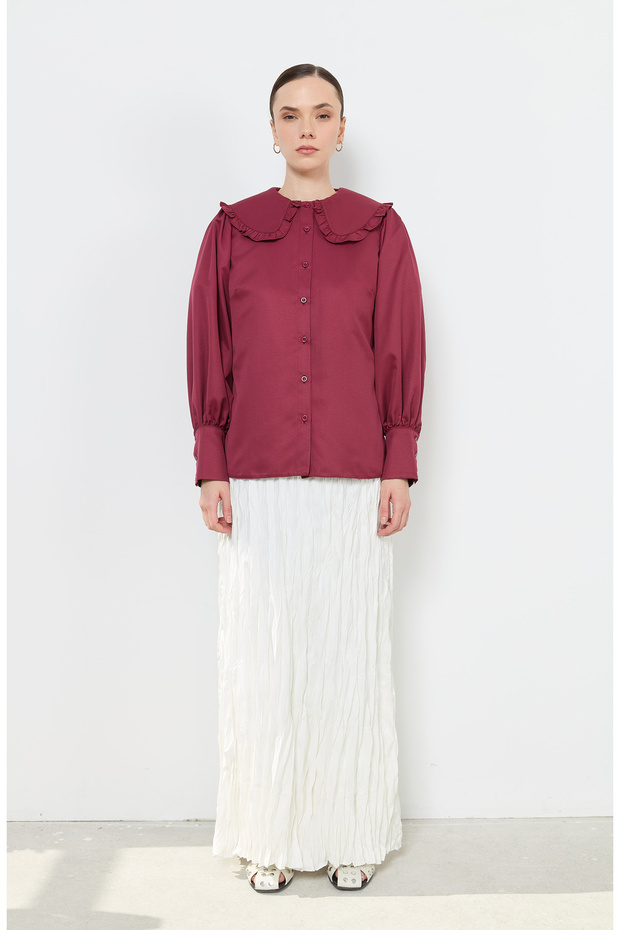 Fırfır Yaka Bordo Basic Gömlek - 5