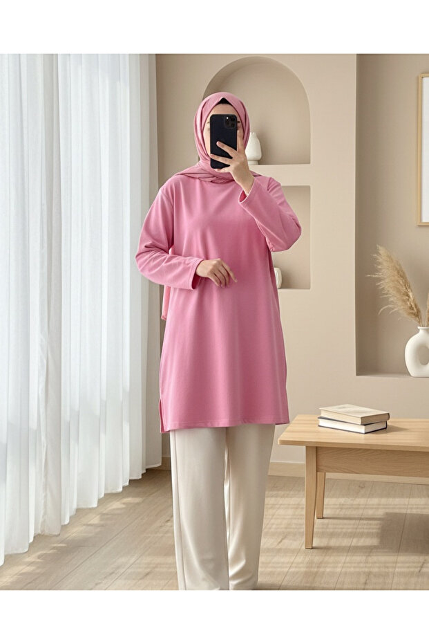 Round Neck Slit Casual Combed Cotton Tunic -Pink