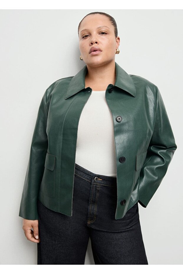 Deri görünümlü cepli ceket - 5