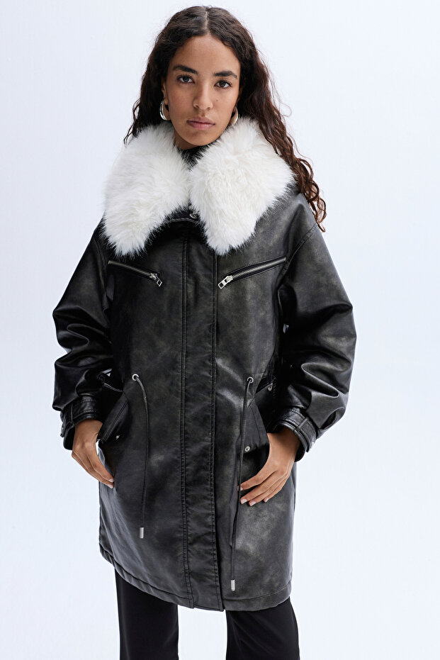 Long Coat with Fur Collar Looking Like Leather