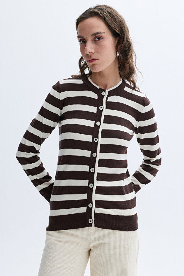 Women's Brown Fitted Striped Cardigan