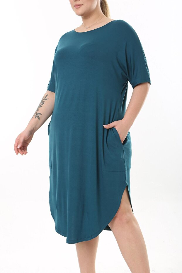 Women's Plus Size Loose Viscose Dress with Pockets - Petrol Blue