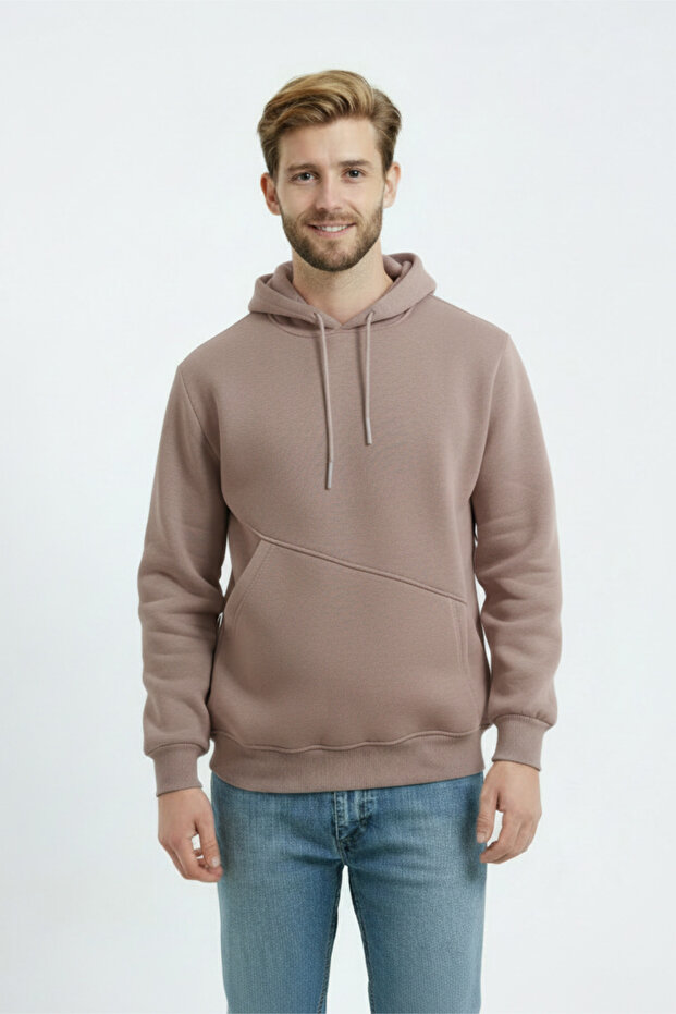 Brown Men's 3 Thread O Oversized Wide Fit Side Pocket K Hooded Sweat Puff Soft Fabric