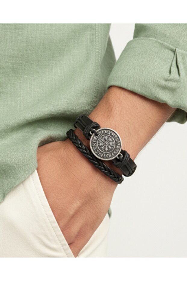 2-Piece Fashion Genuine Leather Bracelet with Compass Vegvisir Figure
