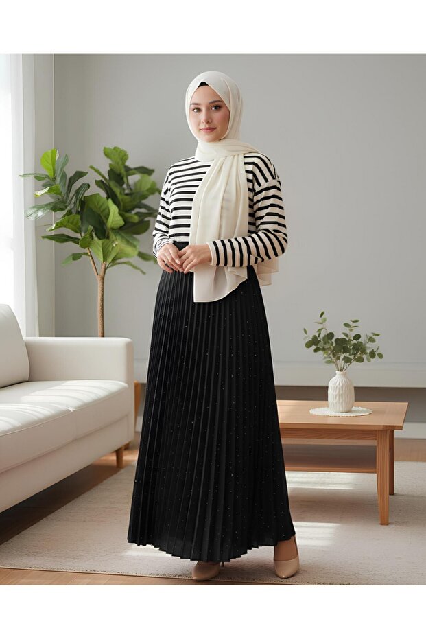 Taşlı Pliseli Etek -Siyah - 1