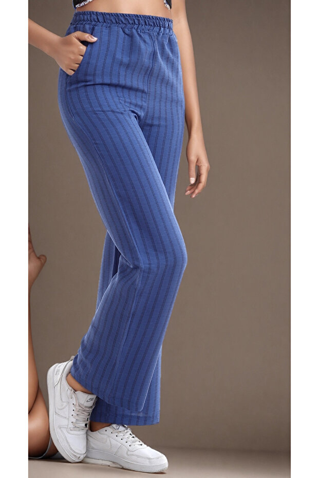 20333459 Linen Stripe Patterned Pocket Trousers Indigo