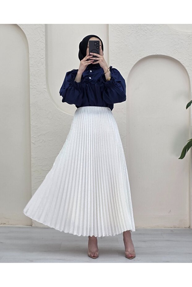 Taşlı Pliseli Etek -Krem - 2