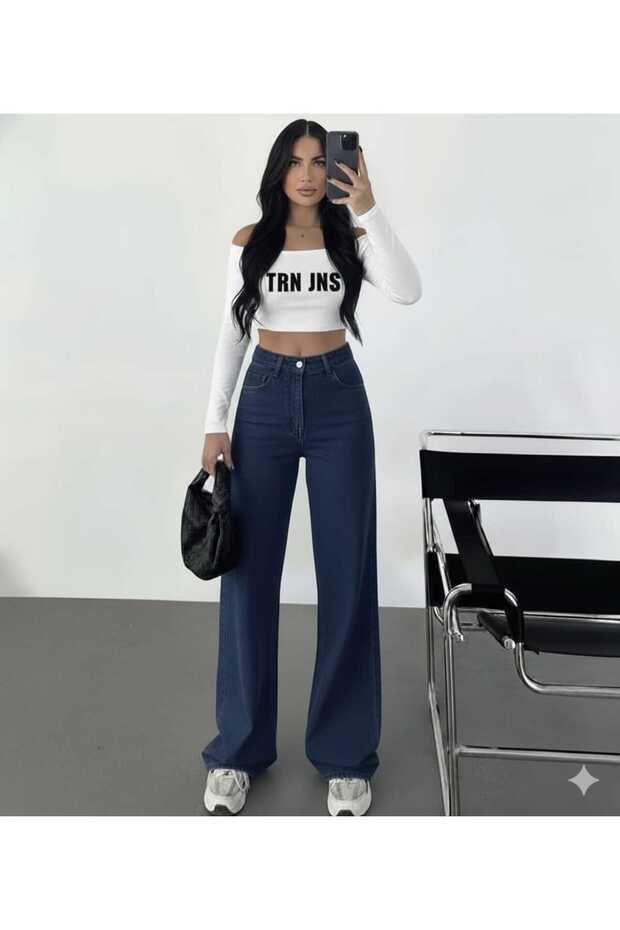 Cloria Stretch Fabric Super High Waist Dark Blue Loose Jeans Palazzo Pants (Super High Waist)
