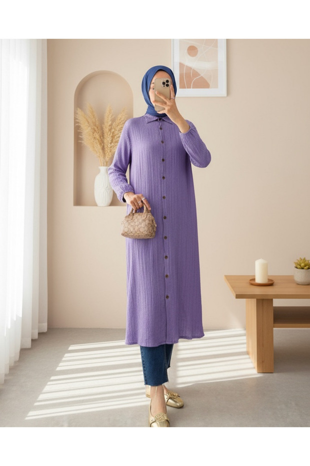 Long Crinkle Tunic with Buttons and Elastic Sleeves -Lilac