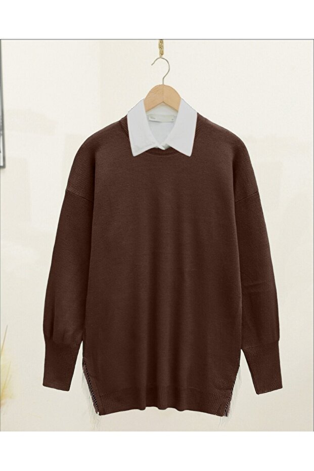 Strickpullover – Schlitz und Quaste, Farbe Kaffee - 3