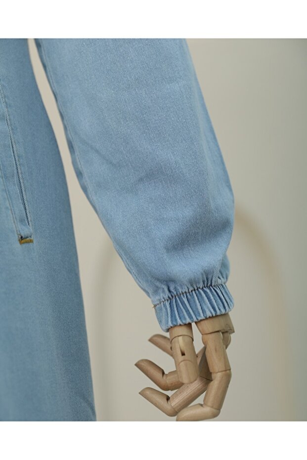 Buttoned Jeans Cap with Elasticated Sleeves - Light Blue - 5