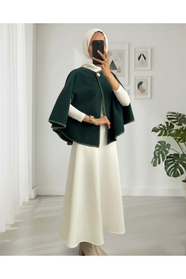 Shepherd's Stitched Pocketed Cashmere Poncho -Emerald