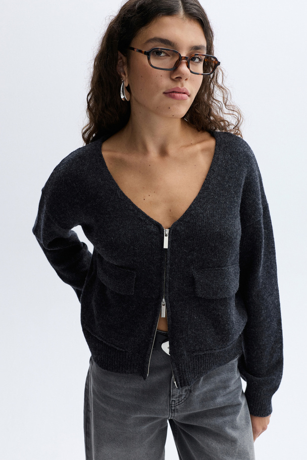 Women's Anthracite Loose Fit V-Neck Wool Cardigan