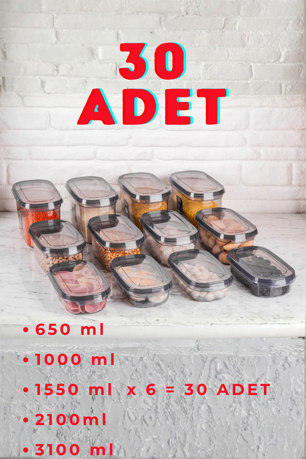 30-Piece Storage Container Set Anthracite Rectangular with Spoon Gift (650ml + 1000ml + 15500ml + 2100ml + 3100ml) X 6