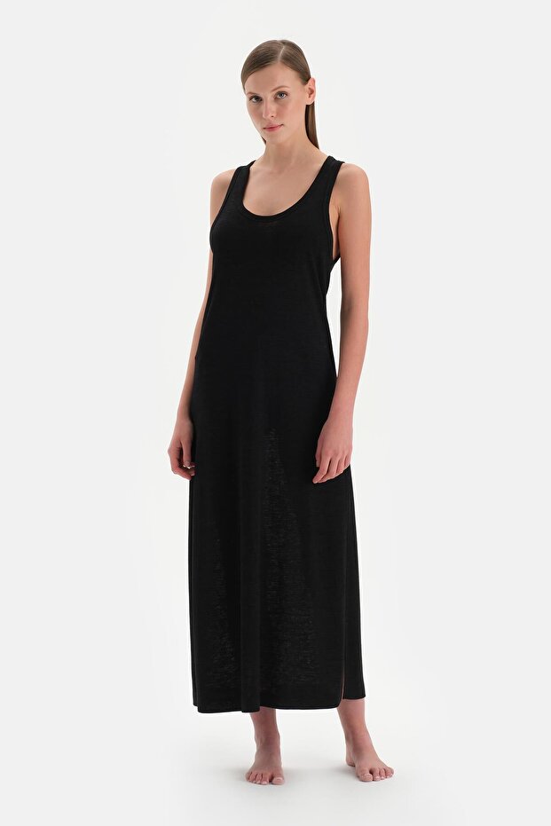 Siyah Kalın Askılı Kolsuz Elbise - 1