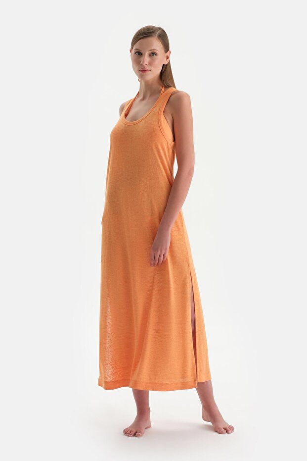 Turuncu Kalın Askılı Kolsuz Elbise - 4