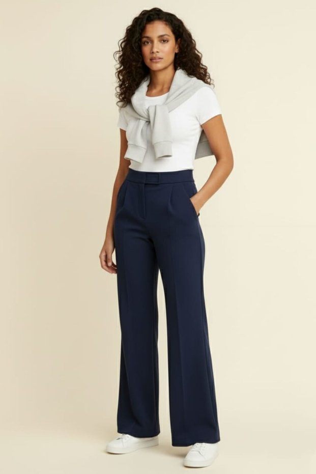 Navy Blue Women's High Waist Stretch Fabric Velcro Closure Palazzo Wide Leg Trousers