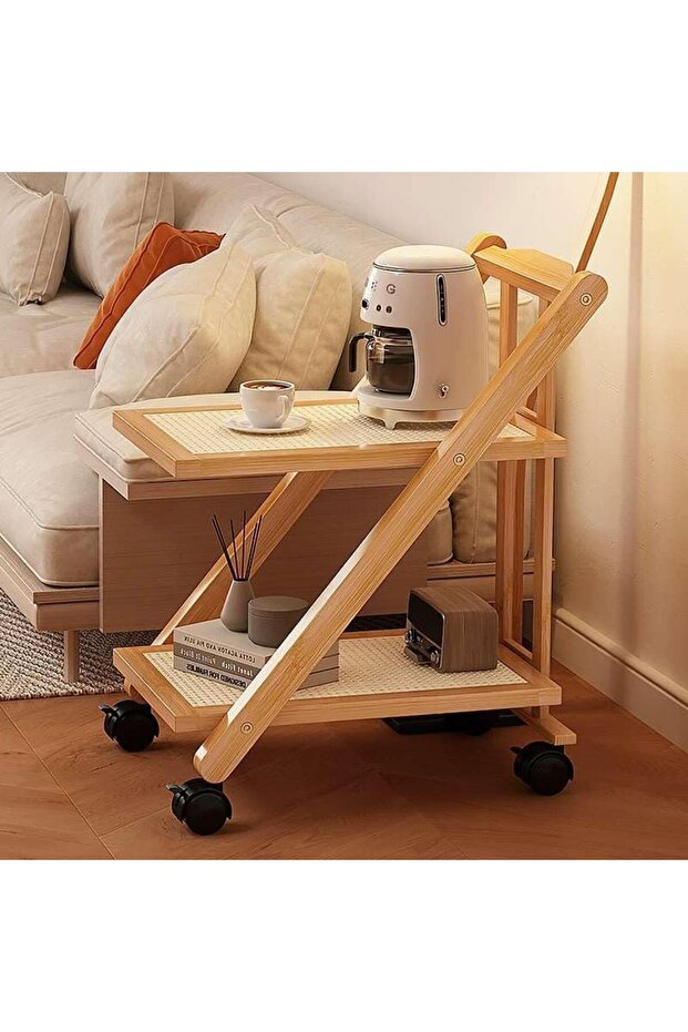 2-Tier Bamboo Serving Trolley - Foldable Kitchen Utility Cart with Wheels
